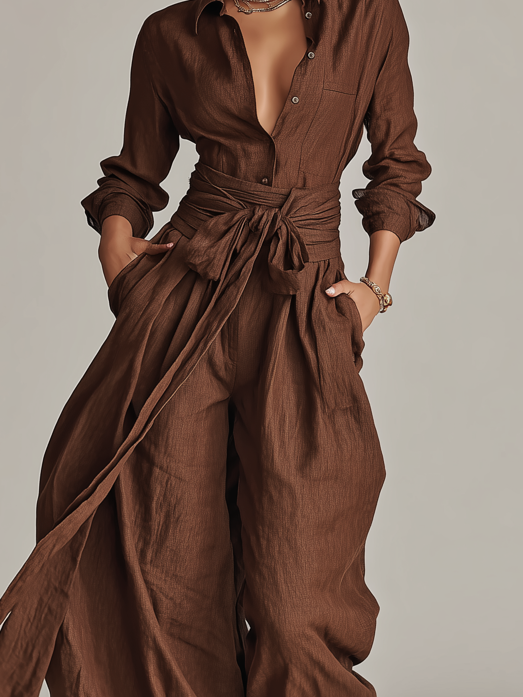 Tuta Elegante da Donna in Cotone-Lino Intrecciato Marrone con Collo Camicia e Maniche Lunghe con Cintura