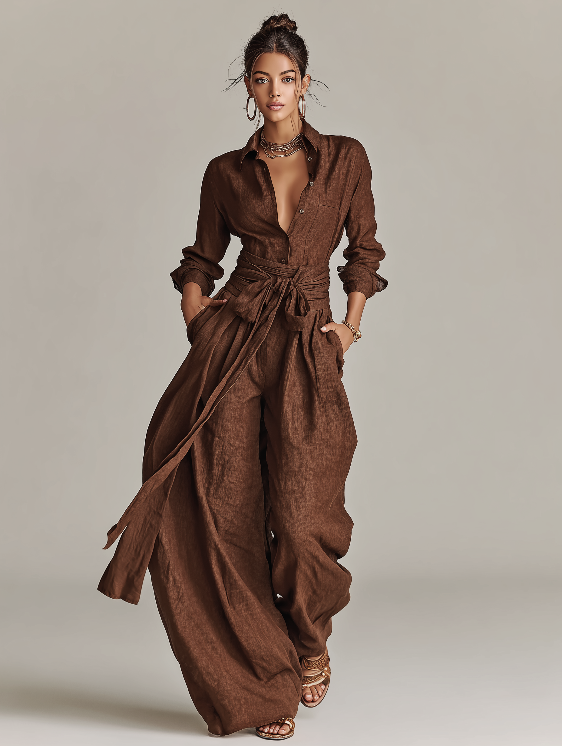 Tuta Elegante da Donna in Cotone-Lino Intrecciato Marrone con Collo Camicia e Maniche Lunghe con Cintura