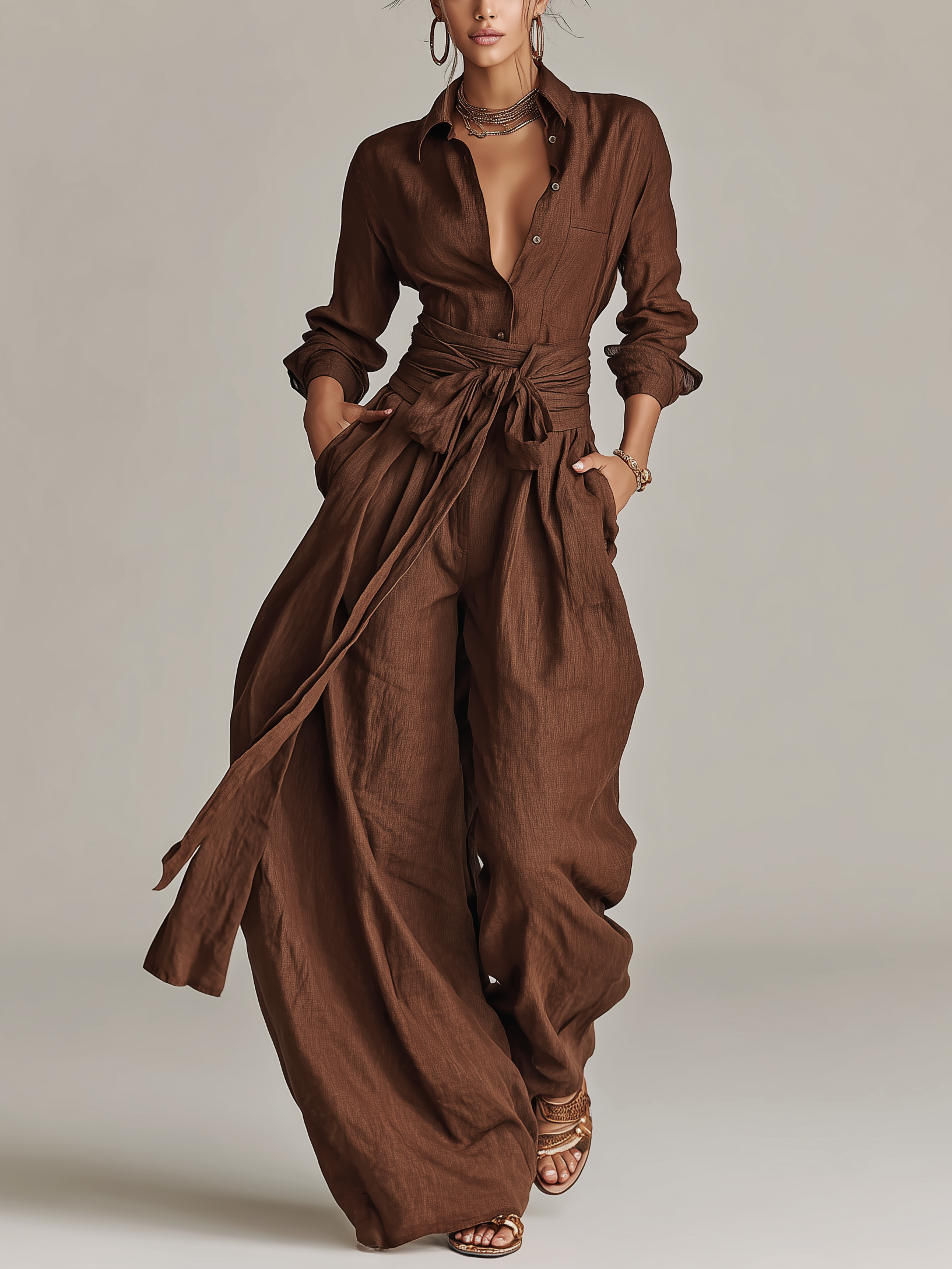 Tuta Elegante da Donna in Cotone-Lino Intrecciato Marrone con Collo Camicia e Maniche Lunghe con Cintura