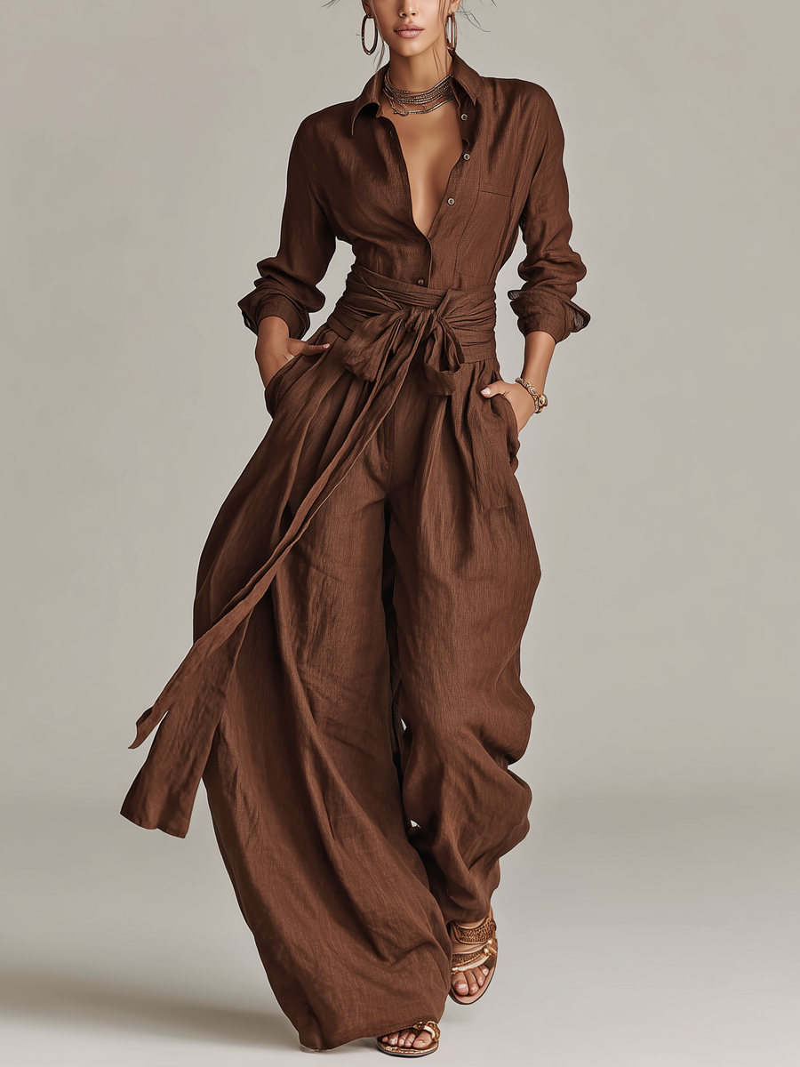 Tuta Elegante da Donna in Cotone-Lino Intrecciato Marrone con Collo Camicia e Maniche Lunghe con Cintura