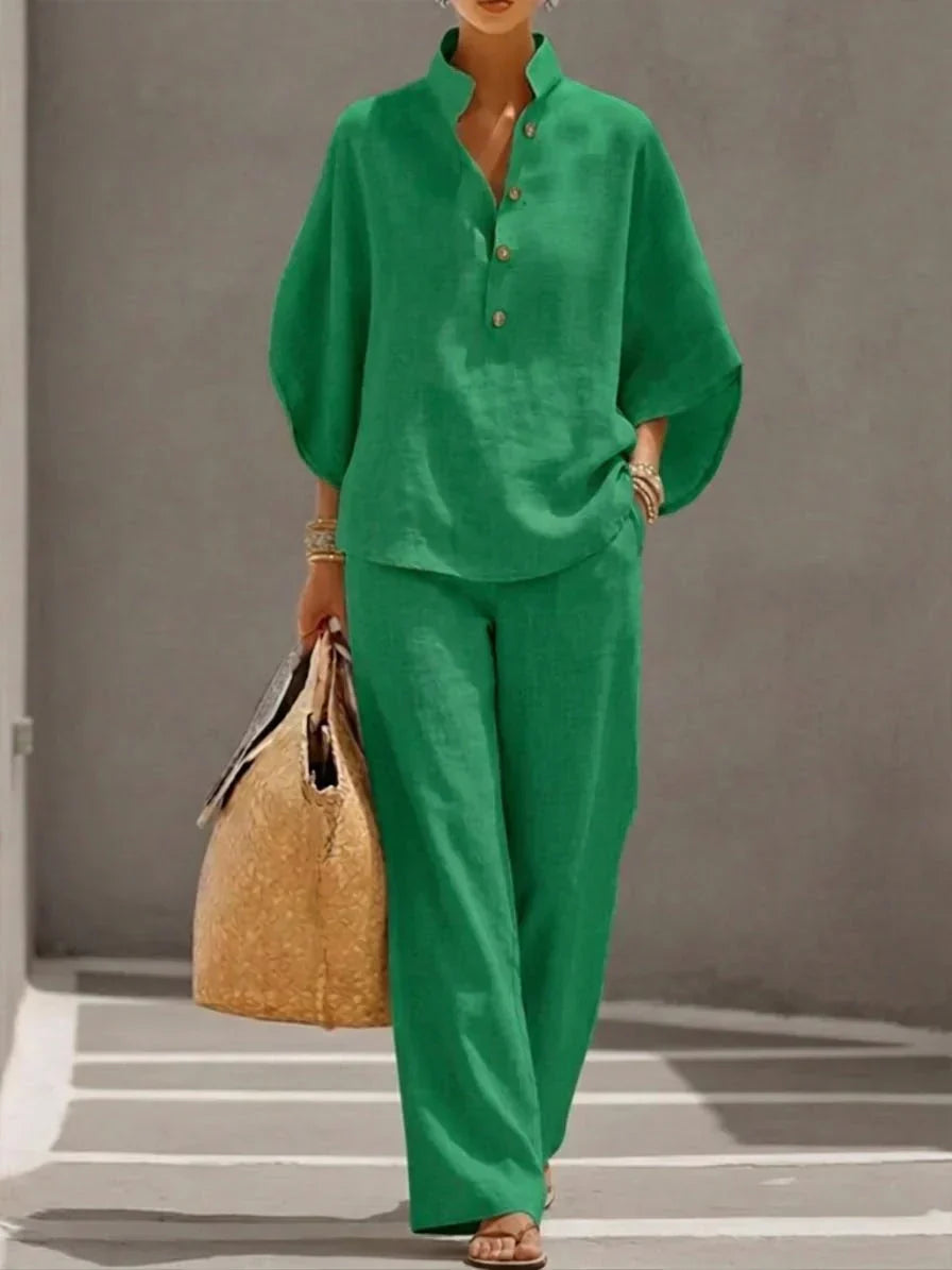 Maribel™ | Completo in lino con maniche a pipistrello e pantaloni larghi