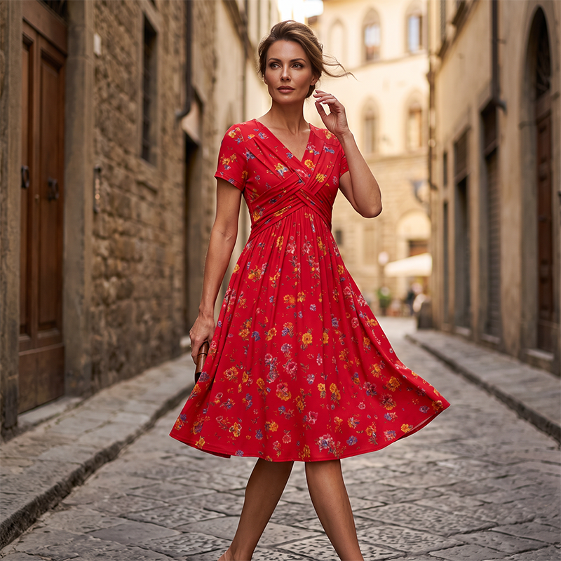 Elvie - Abito a V con Fiori e Vita Torcigliata